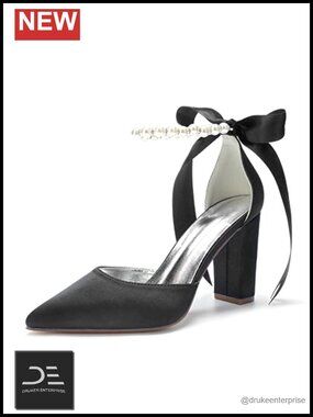 Women's Pointed Toe Chunky Heels Satin Pearls Block Heel Pumps Bridal Dressy
